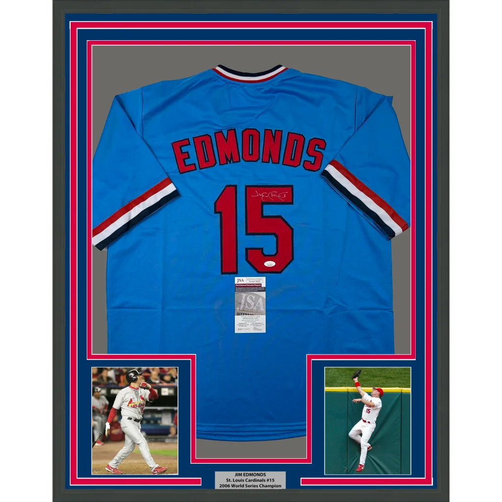 Framed blue Edmonds 15 signed baseball jersey with two photos, ready to hang