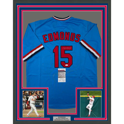 Framed blue Edmonds 15 signed baseball jersey with two photos, ready to hang