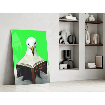 Seagull reading book canvas wall art on vibrant green background