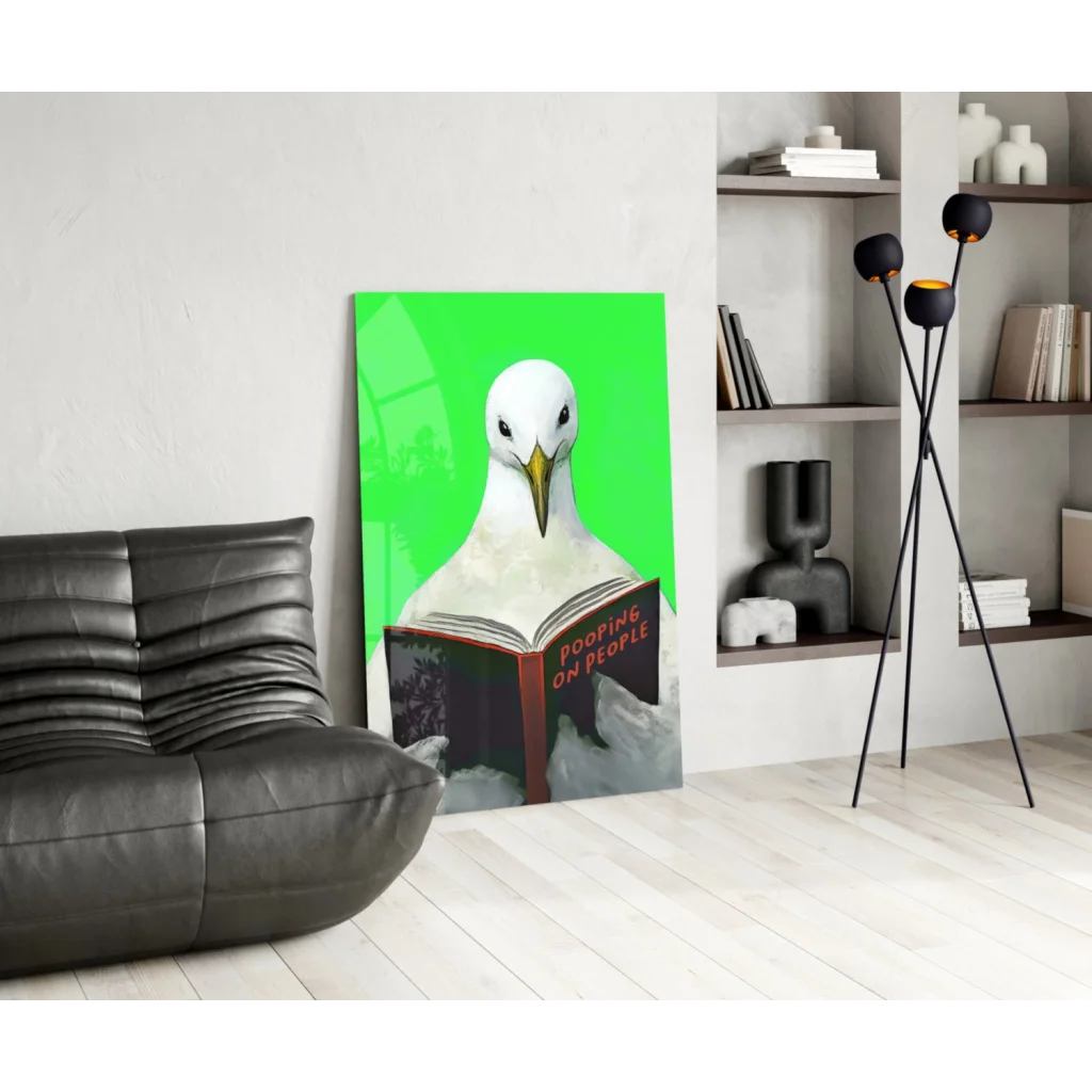 Vibrant green wall art canvas of seagull reading Pooping on People book