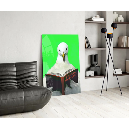 Vibrant green wall art canvas of seagull reading Pooping on People book