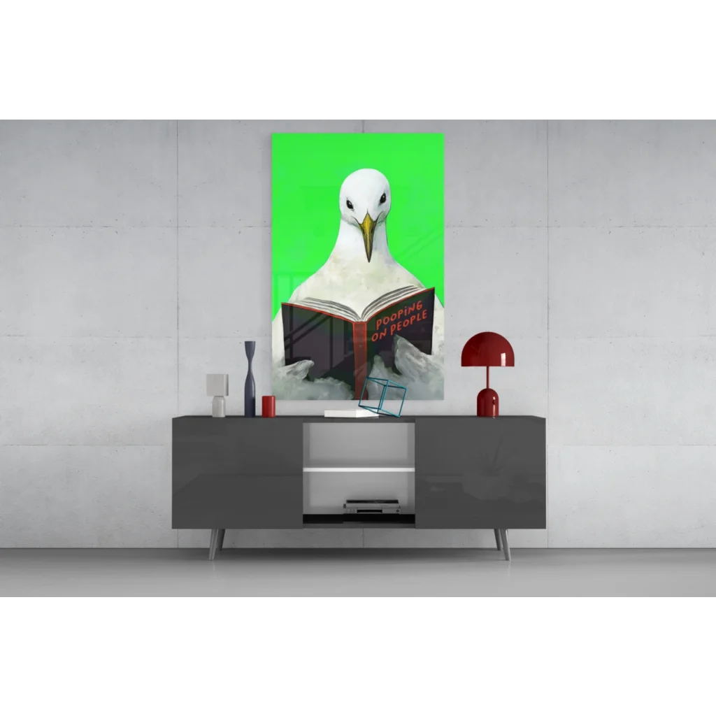 Vibrant green wall art canvas print of seagull reading Pooping on People book