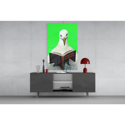 Vibrant green wall art canvas print of seagull reading Pooping on People book
