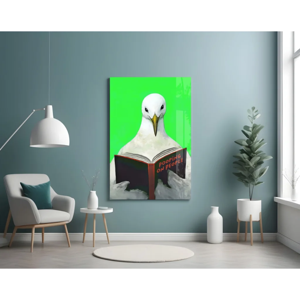 Seagull Reading Book Canvas Wall Art Green Background Print | Contemporary Home Wall Art | vintageantiquesgifts.com