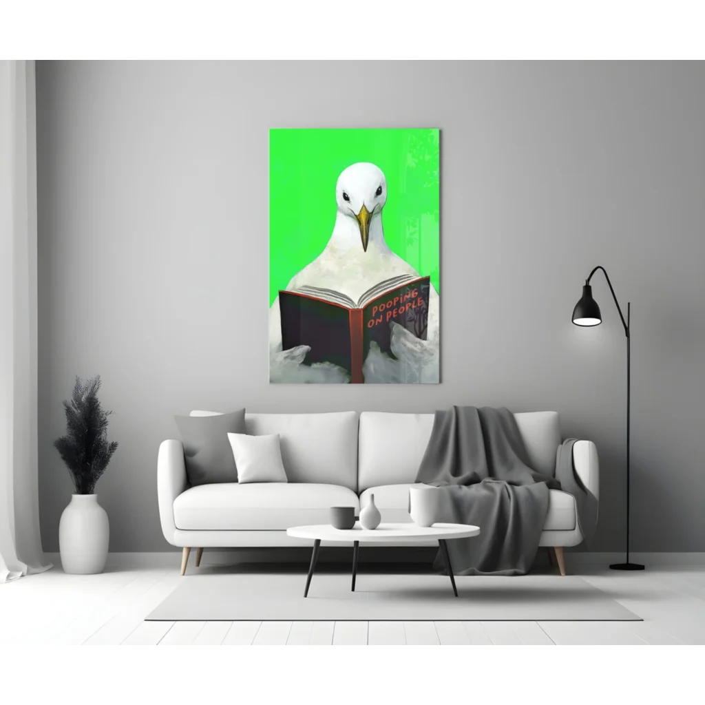 Seagull Reading Book Canvas Wall Art Green Background Print | Modern Wall Art Decor | vintageantiquesgifts.com
