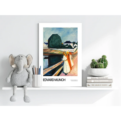 Gray plush elephant toy beside Edvard Munch The Scream aluminum art print