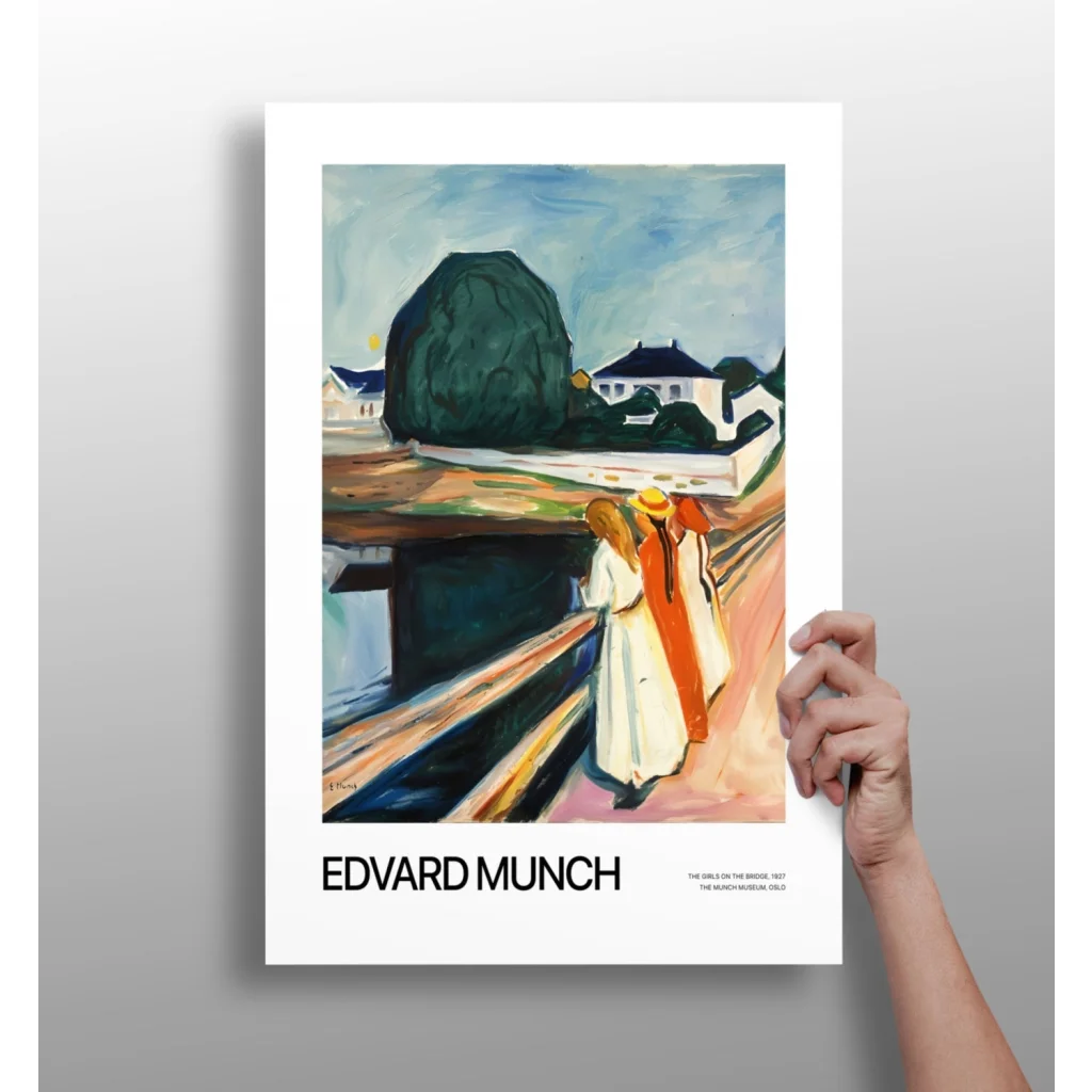 White framed Edvard Munch poster of figures in landscape with aluminum skull chain vase set