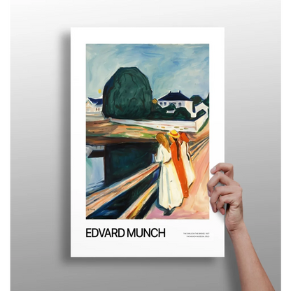 White framed Edvard Munch poster of figures in landscape with aluminum skull chain vase set