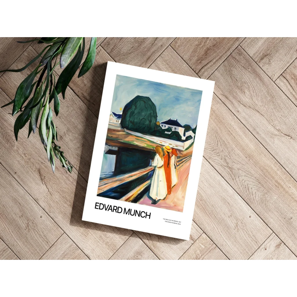 Edvard Munch poster in white frame with woman in red scarf