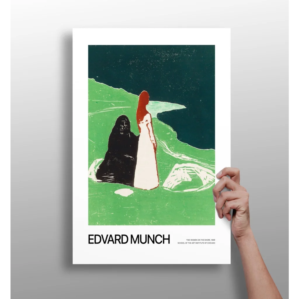 Stylized Edvard Munch print of two women in black and white on green landscape