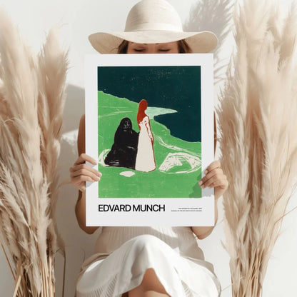 Stylized Edvard Munch figures art print in green teal on aluminum