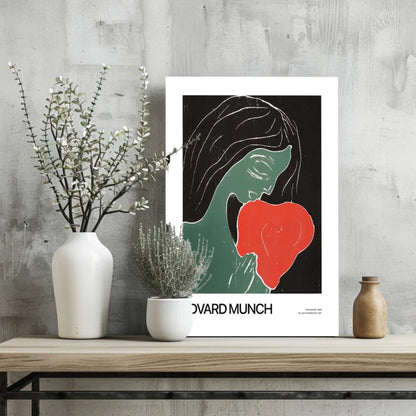 Edvard Munch green red abstract face art print on aluminum, white background