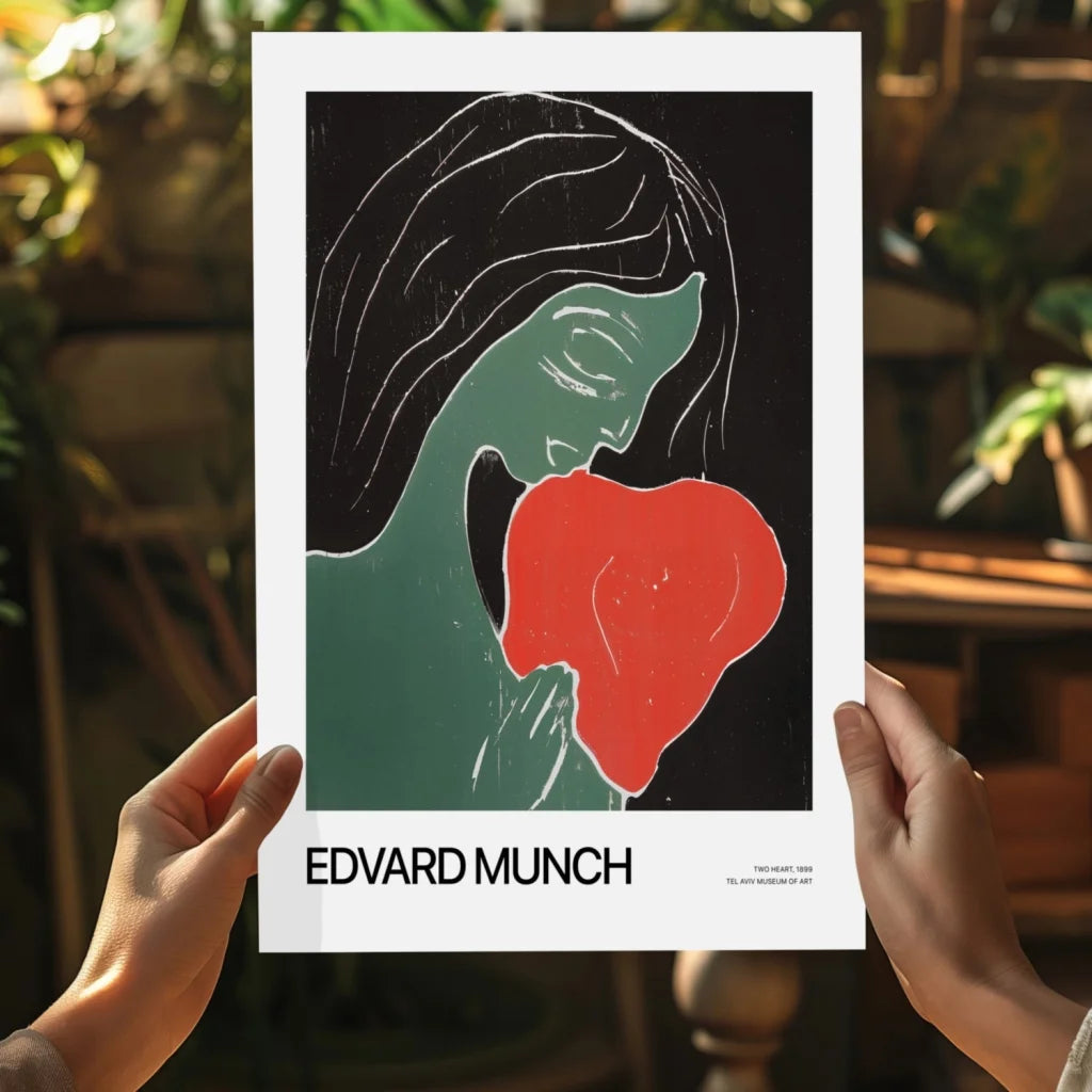 Edvard Munch abstract face art print with woman long dark hair red lips