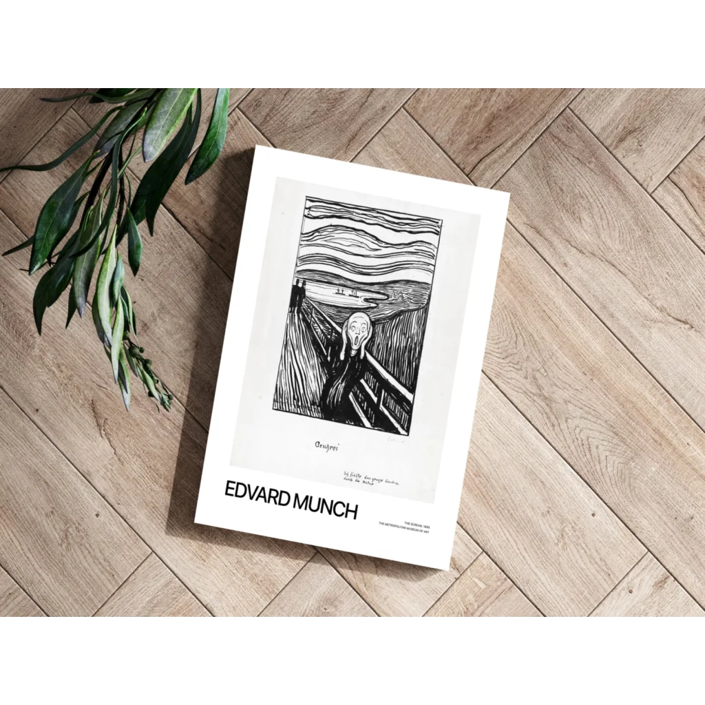 Edvard Munch The Scream print in white frame on wood floor