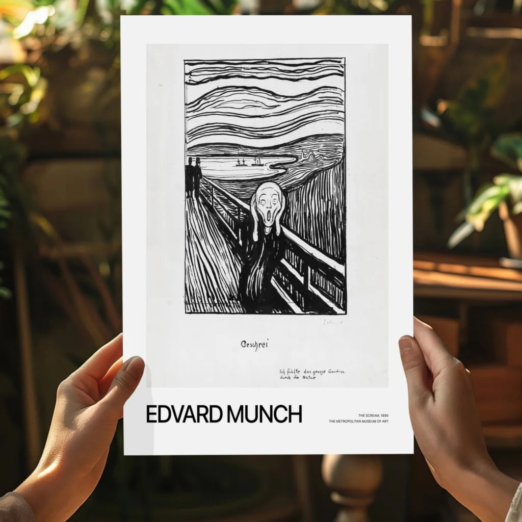 Black and white woodcut of Edvard Munchs The Scream on aluminum print with white frame