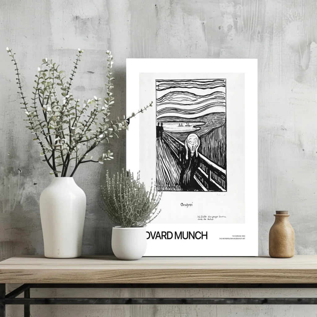 Black and white Edvard Munch The Scream aluminum print in white frame