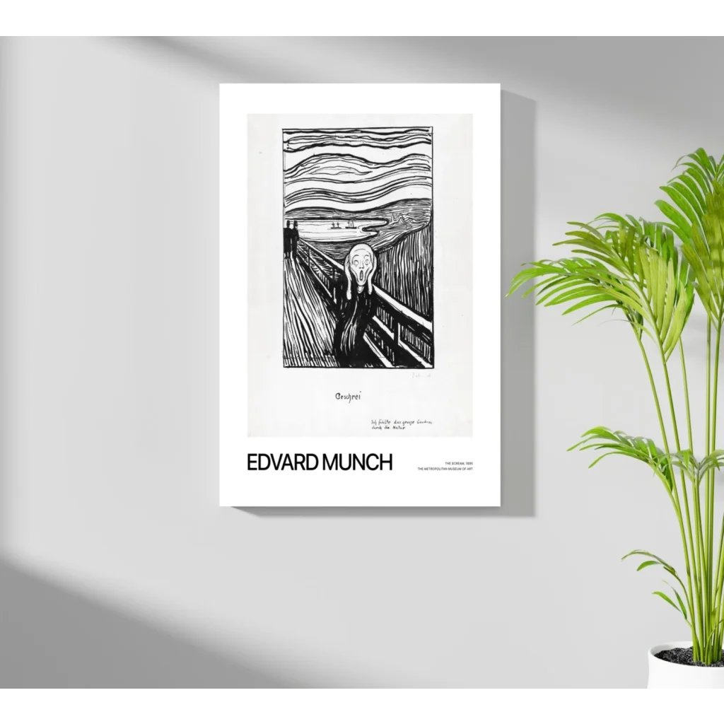 Black and white Edvard Munch The Scream poster in white frame aluminum print