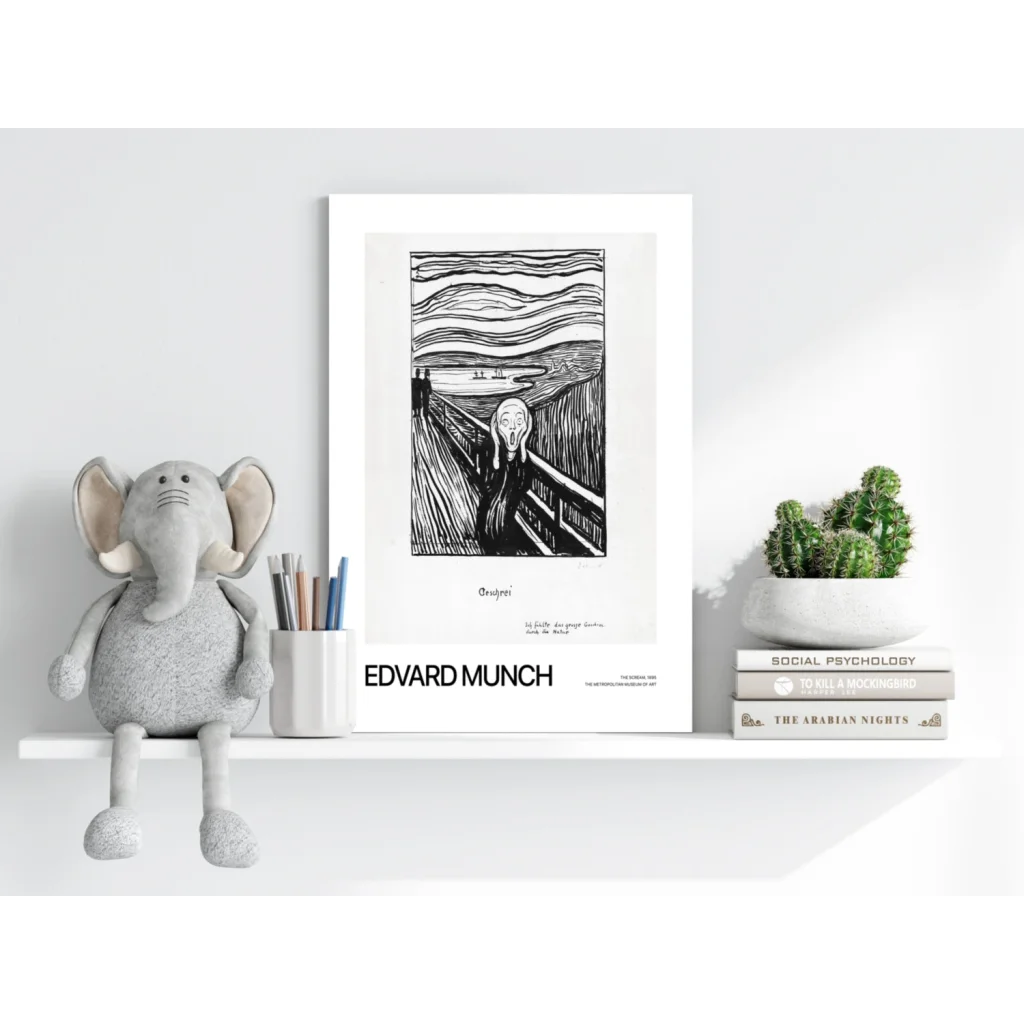Gray plush elephant toy with floppy ears on Edvard Munch The Scream framed print