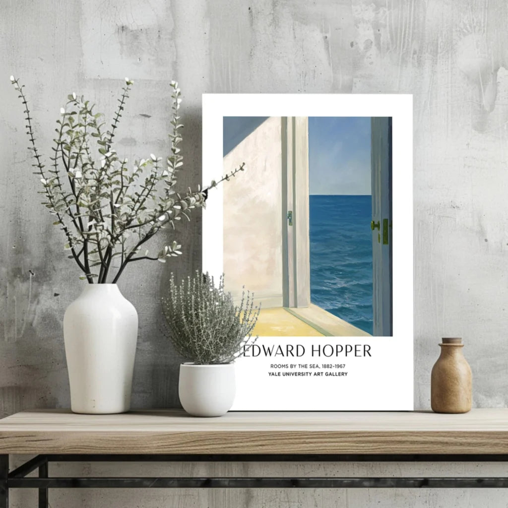 Insigne aluminum prints of Edward Hoppers Rooms by the Sea on rustic shelf