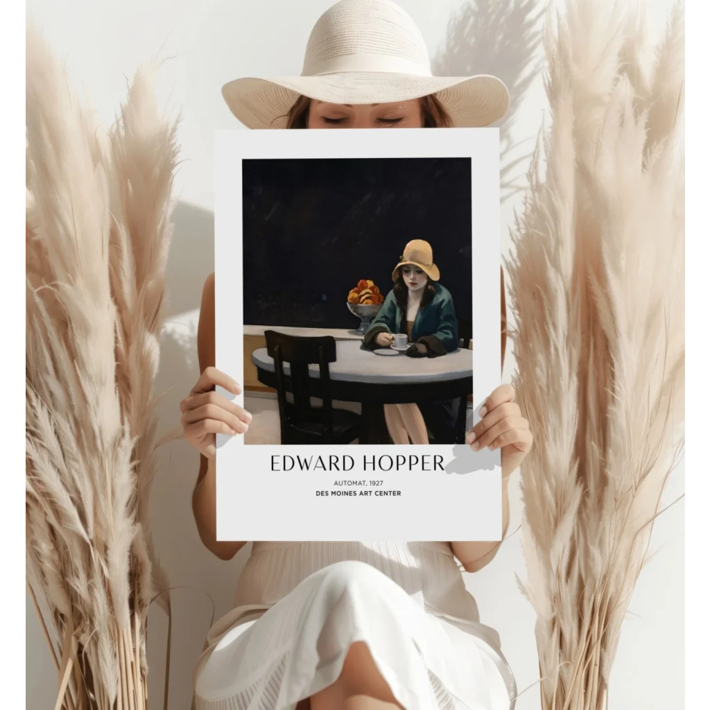 White-framed Insigne aluminum print of Edward Hoppers Automat 1927 with woman in yellow hat
