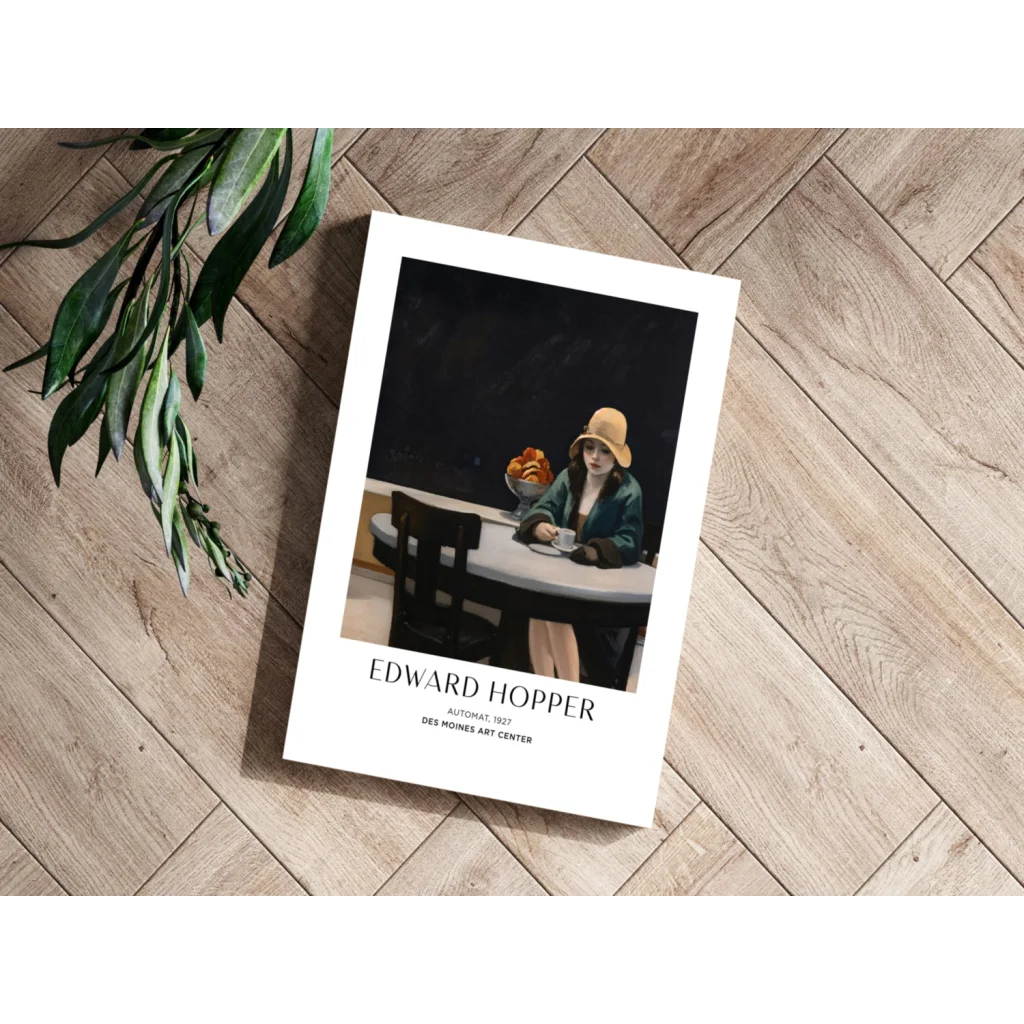 White-framed Insigne aluminum print of Edward Hoppers Automat with woman in yellow hat