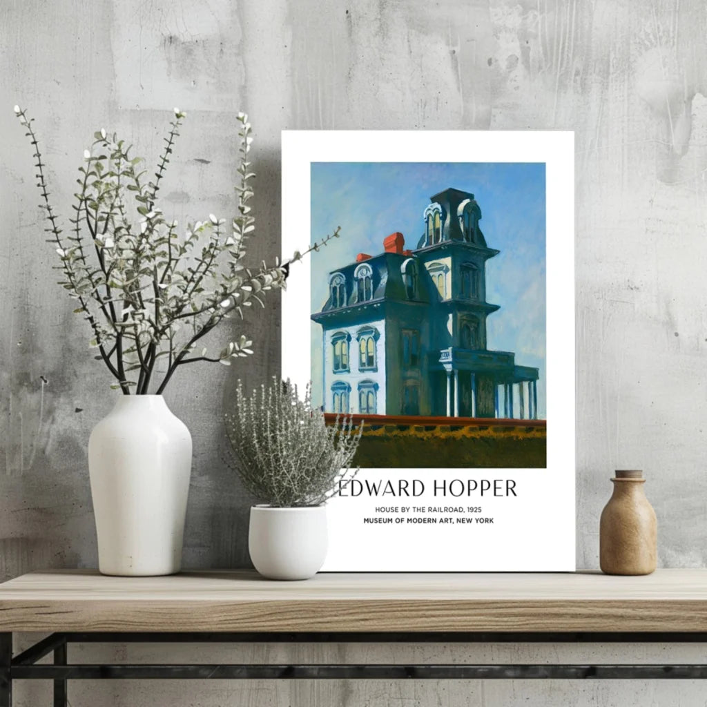 Modern blue house poster by Edward Hopper in white frame