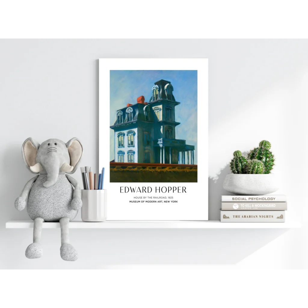 Gray plush elephant toy with floppy ears on Edward Hopper House aluminum print