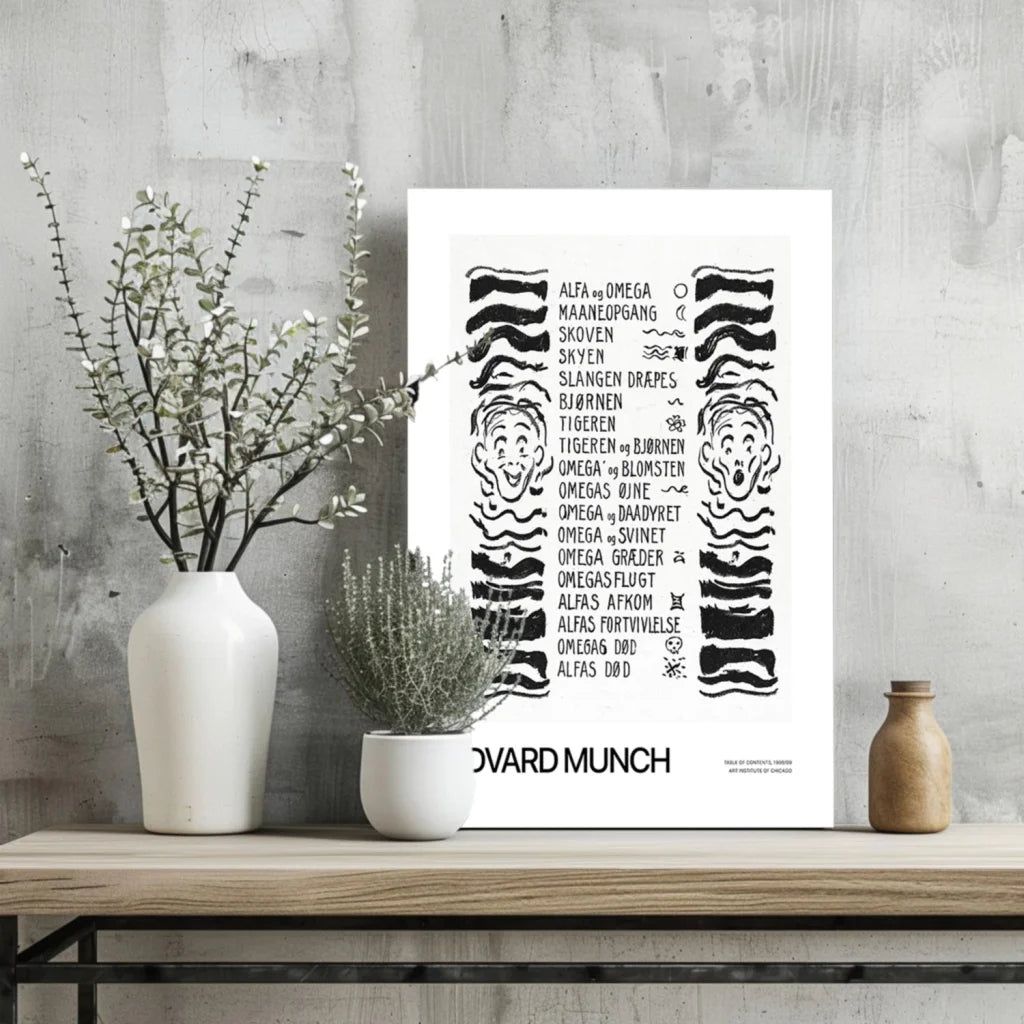 Insigne aluminum prints of minimalist black-and-white Scream faces on shelf