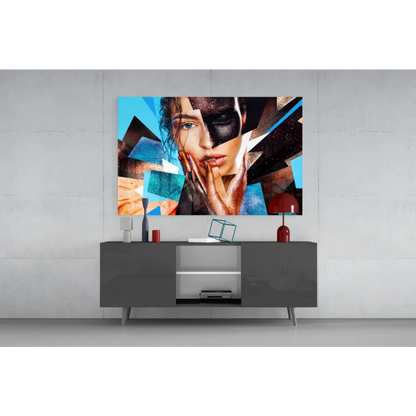 Vibrant geometric woman portrait canvas wall art with bold shards