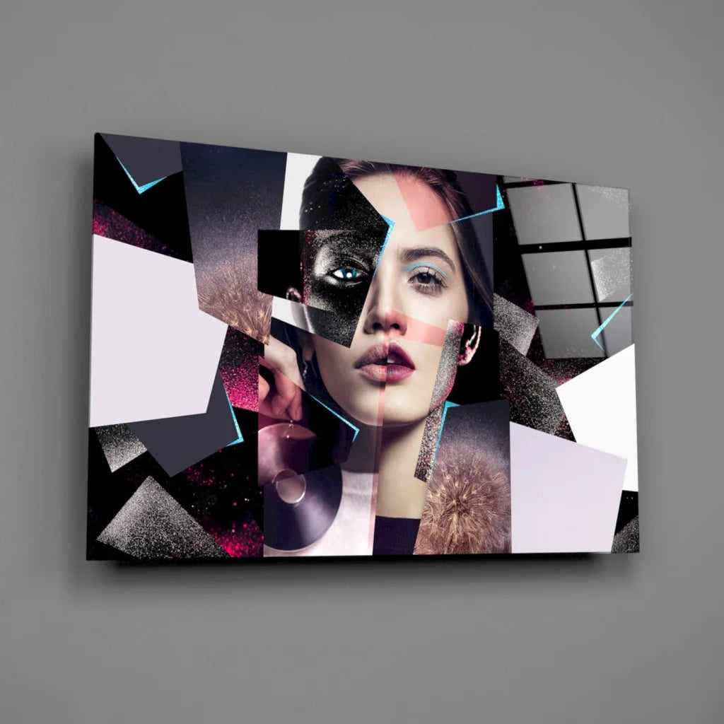 Abstract geometric portrait glass wall art in pink and teal