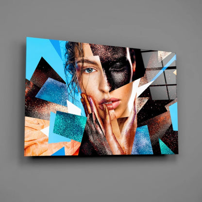 Bold geometric woman portrait canvas wall art with vibrant abstract face