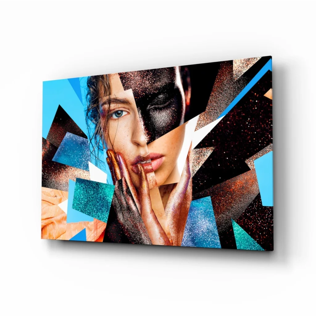 Bold geometric woman portrait wall art with split face in glittery black and natural tones amid vibrant blue teal orange gold shapes