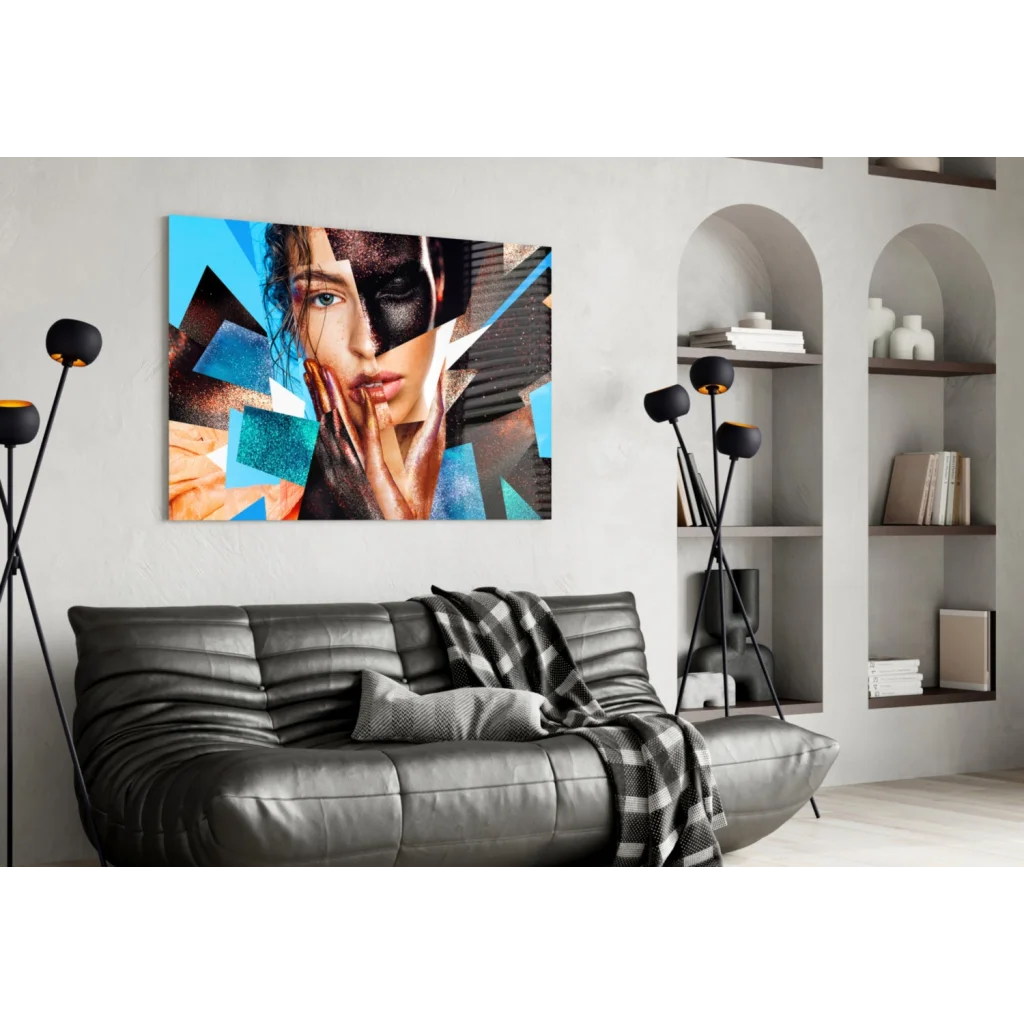 Bold geometric woman portrait canvas wall art with vibrant blue shards