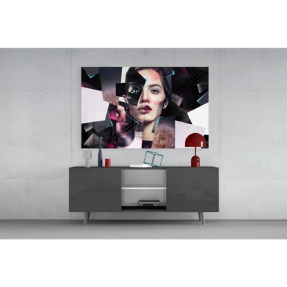 Abstract geometric portrait glass wall art in pink and teal