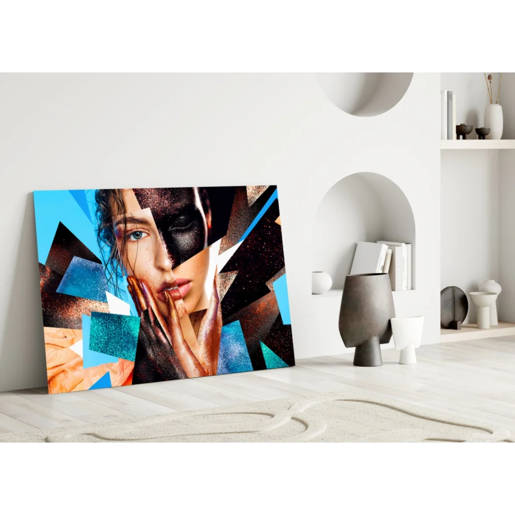 Bold geometric woman portrait canvas wall art in vibrant hues