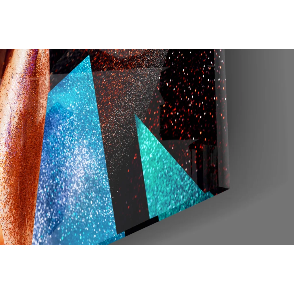 Bold geometric woman portrait glass wall art with teal blue copper triangles