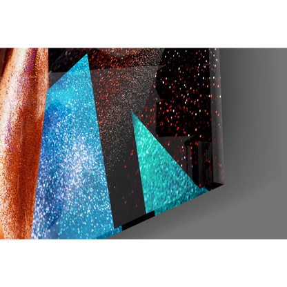 Bold geometric woman portrait glass wall art with teal blue copper triangles