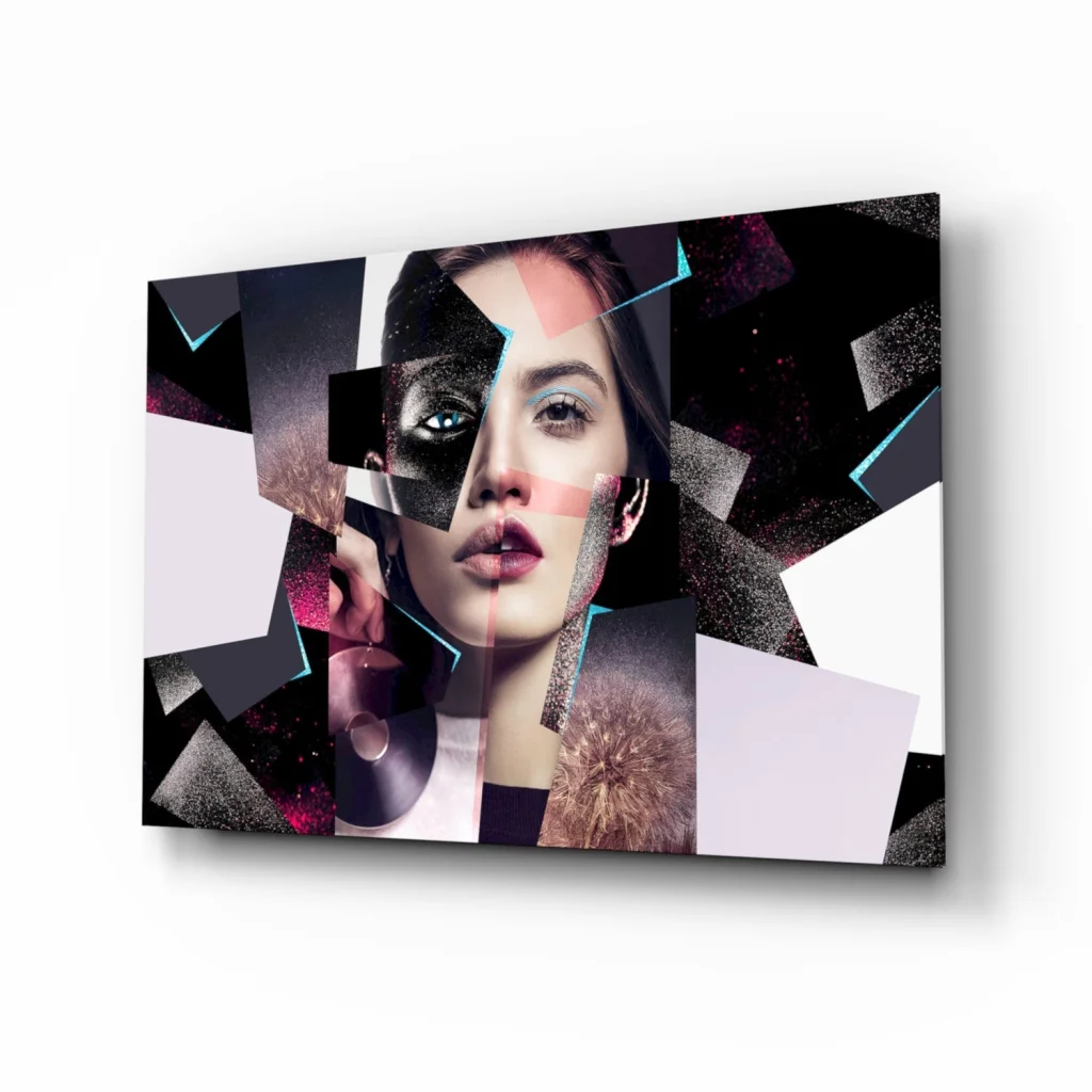 Abstract geometric portrait glass wall art in bold pink and teal