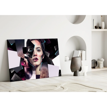 Modern geometric portrait glass wall art canvas in pink and teal