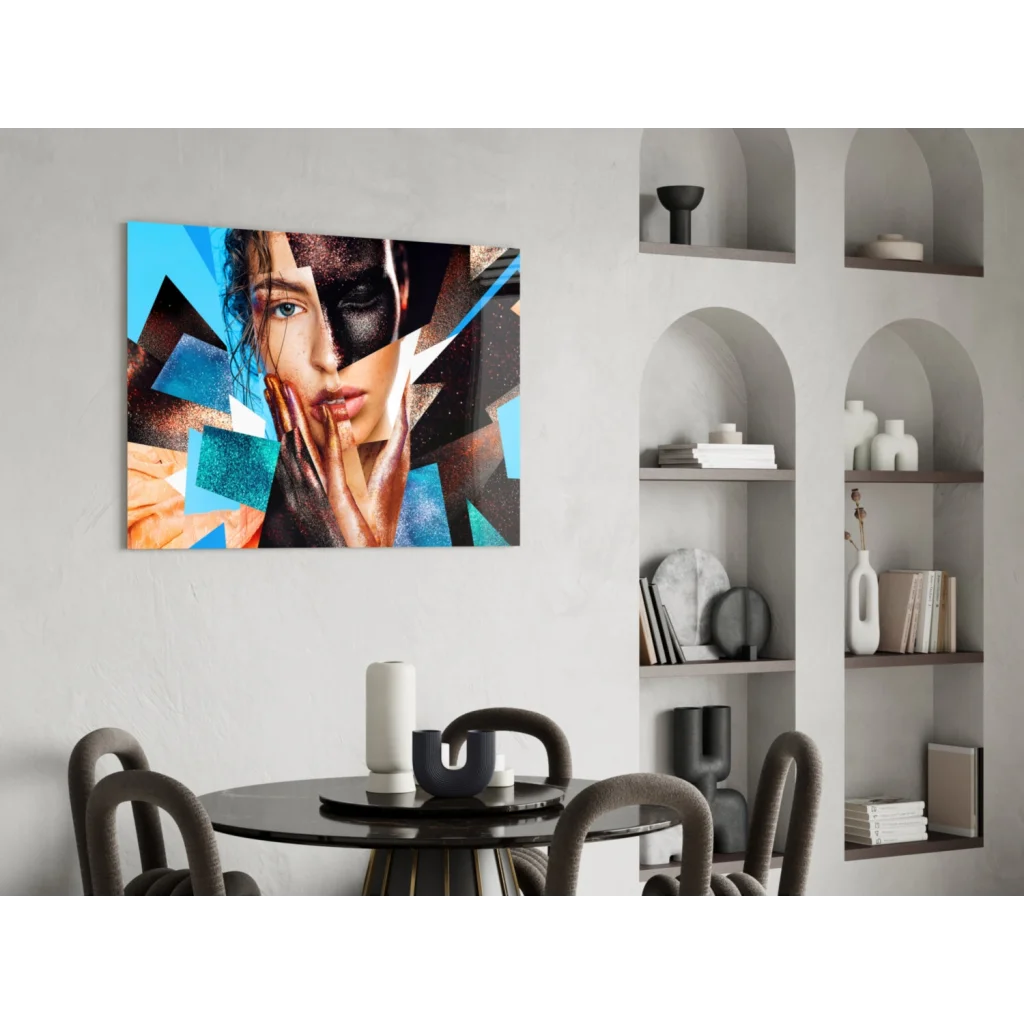 Vibrant geometric woman portrait wall art canvas with cosmic shards