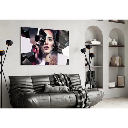 Abstract geometric portrait glass wall art canvas in bold pink and teal