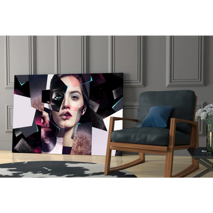 Abstract geometric portrait glass wall art canvas in pink and teal