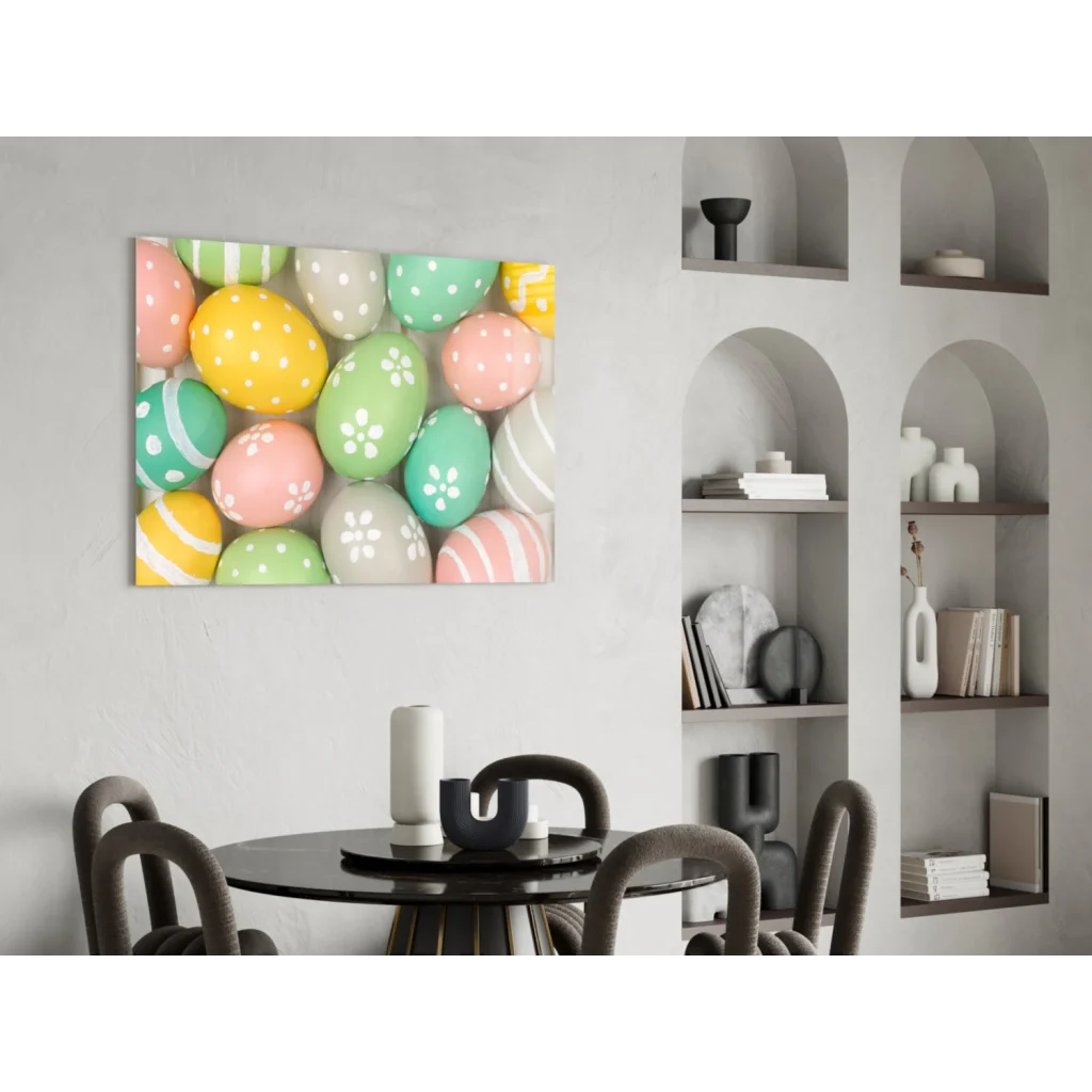 Vibrant pastel Easter eggs canvas wall art with polka dots