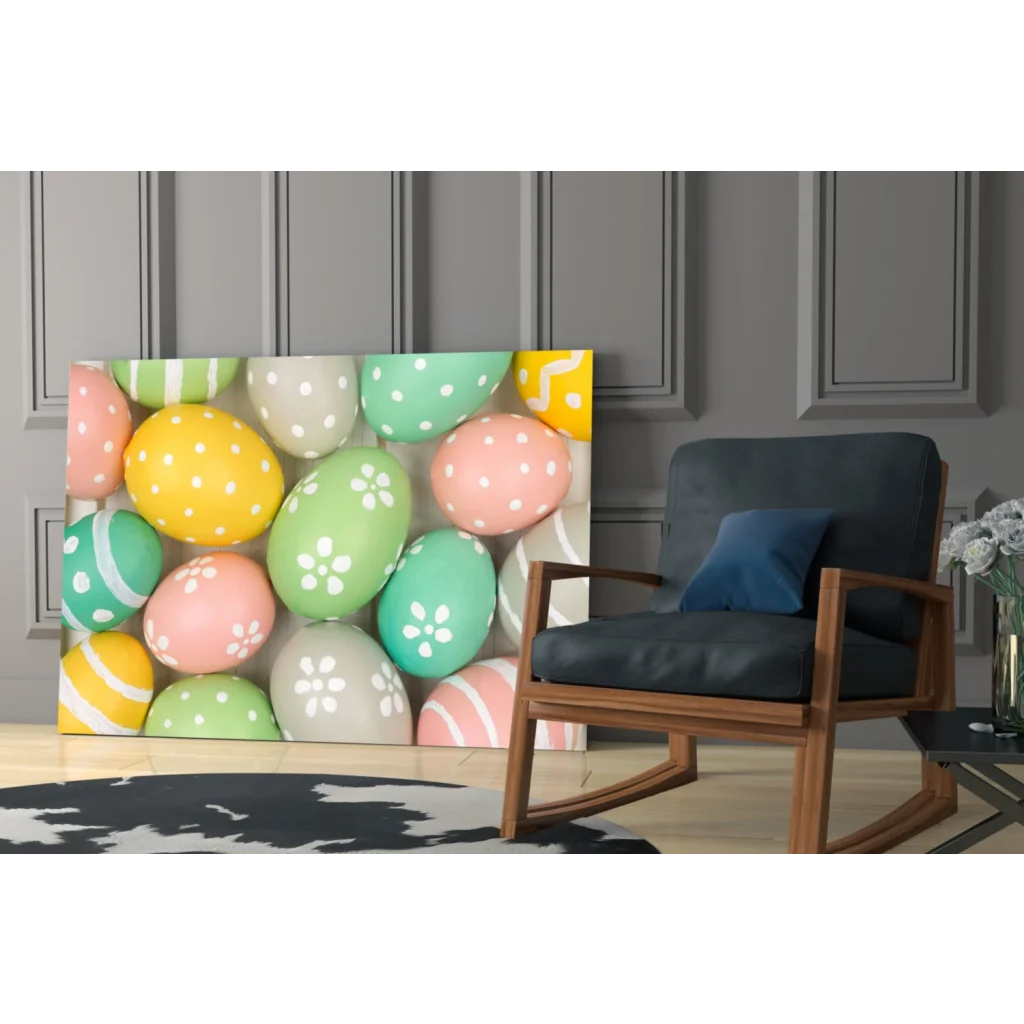 Vibrant pastel Easter eggs canvas wall art with polka dots