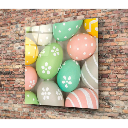 Vibrant pastel easter egg glass wall art with polka dots and florals