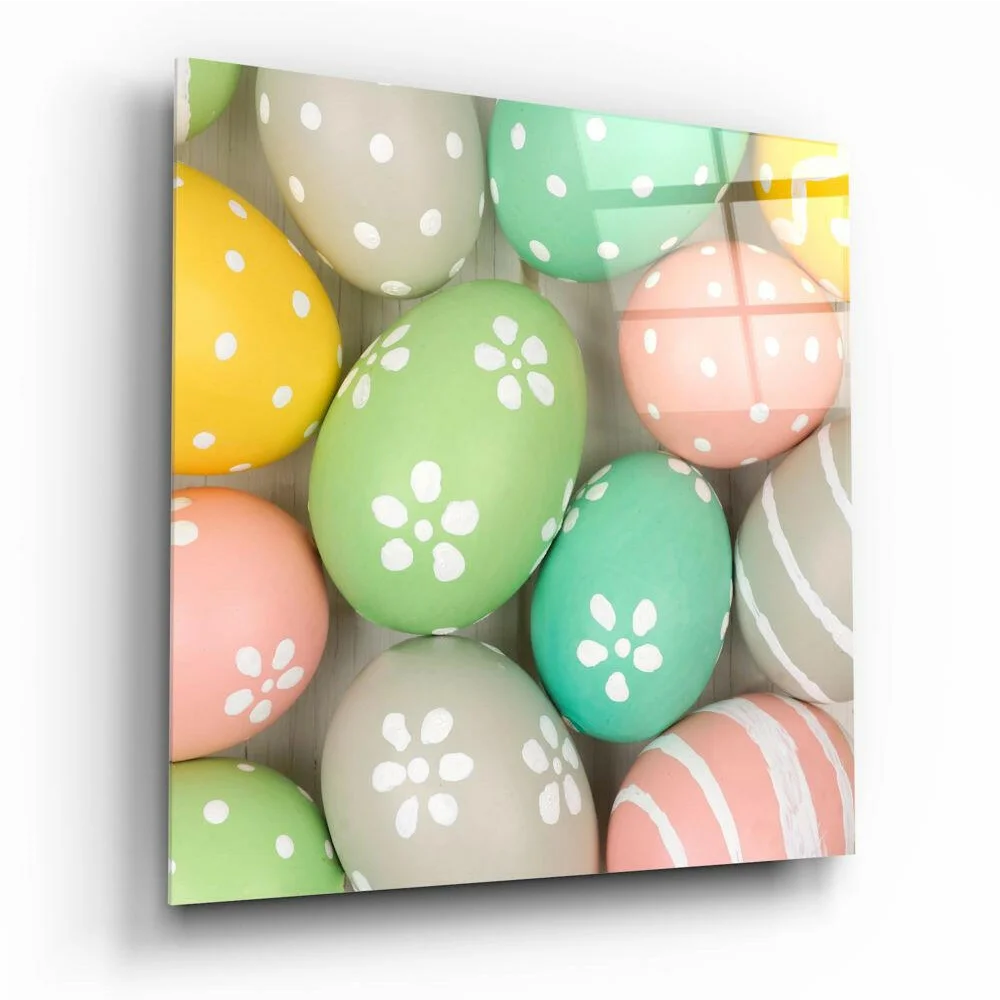 Pastel easter egg glass wall art with floral patterns in soft colors