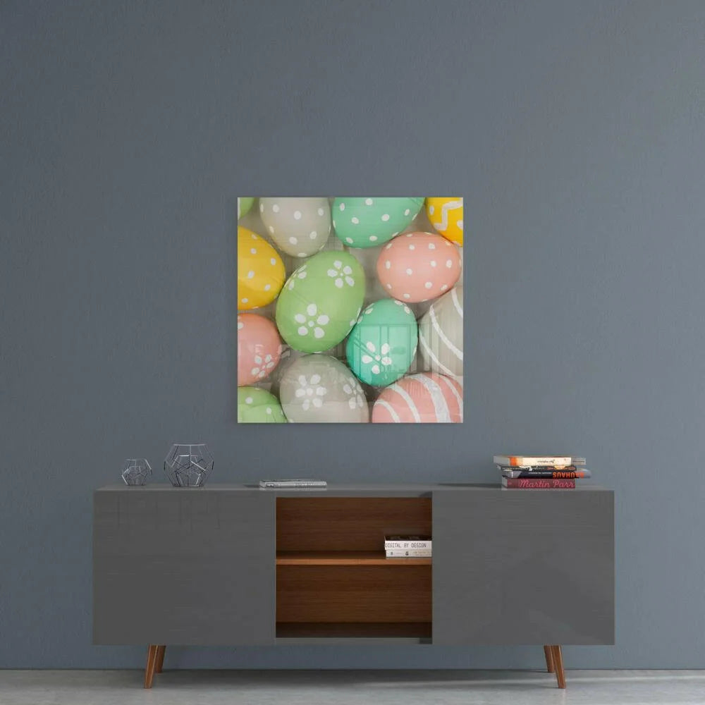 Vibrant pastel Easter eggs on glass wall art with floral patterns