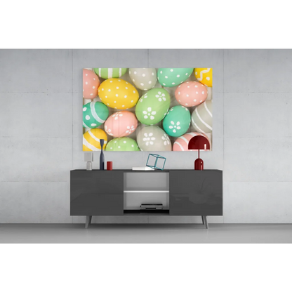 Vibrant pastel Easter eggs canvas wall art with polka dots