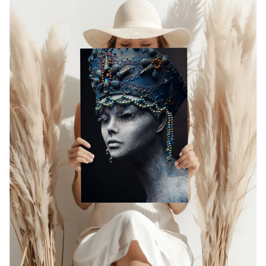 Striking black-and-white portrait of regal woman in blue beaded headdress on insigne aluminum print
