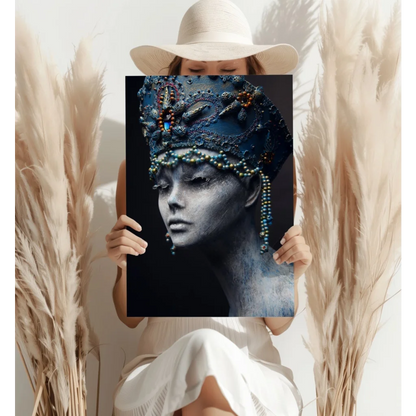 Striking black-and-white portrait of regal woman in blue beaded headdress on insigne aluminum print